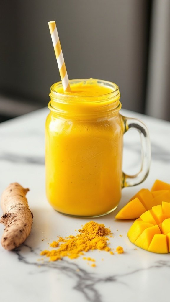 Turmeric Mango Smoothie with a straw and fresh ingredients