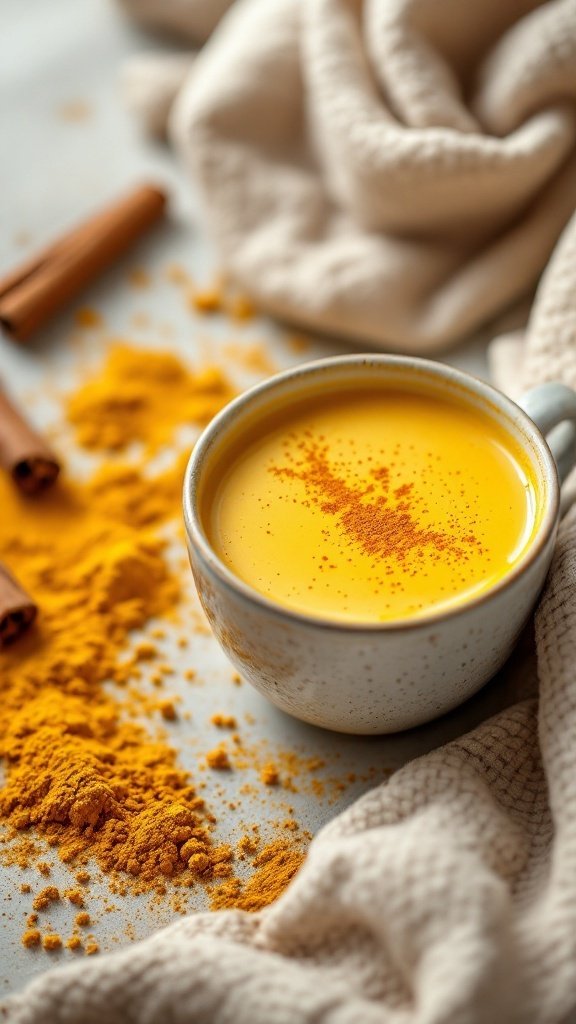 A cup of turmeric milk surrounded by turmeric powder and cinnamon sticks on a soft cloth.