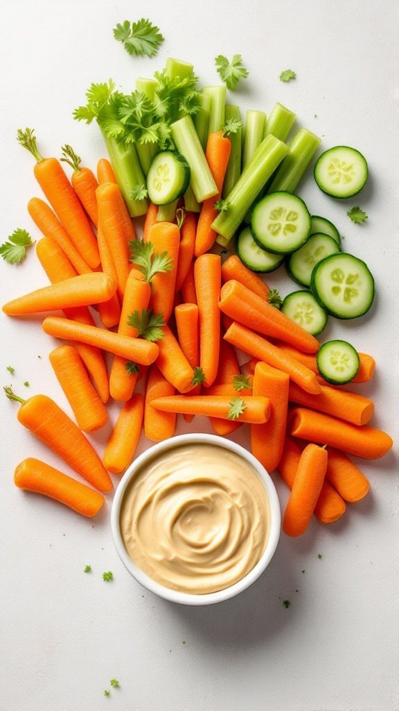 Carrots, celery, and cucumber sticks with a bowl of hummus dip