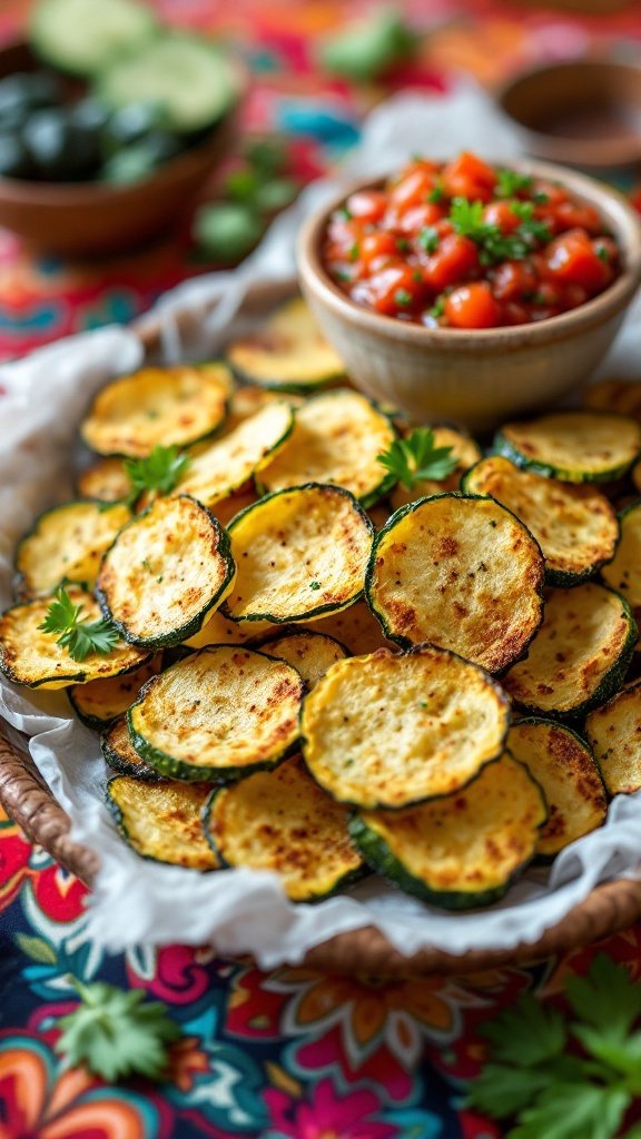 Zucchini chips served with salsa on a colorful tablecloth