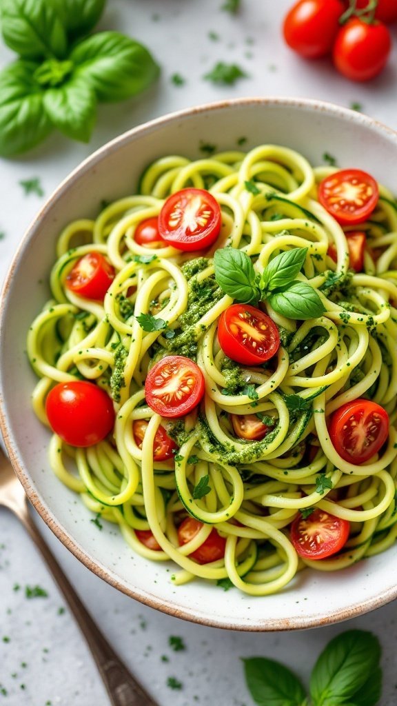 A bowl of zucchini noodles topped with pesto and cherry tomatoes, garnished with fresh basil.