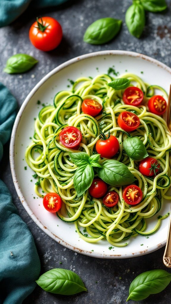 A plate of zucchini noodles topped with pesto and cherry tomatoes, garnished with fresh basil.