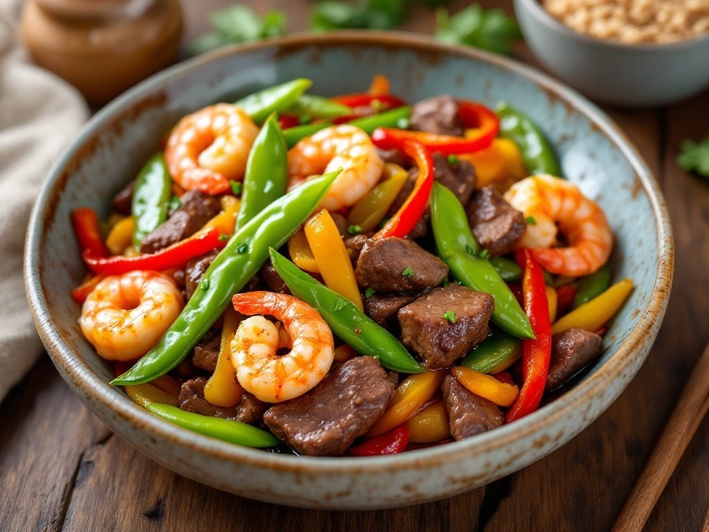 A colorful beef and shrimp stir-fry with vegetables, served in a rustic bowl with brown rice on a wooden table.