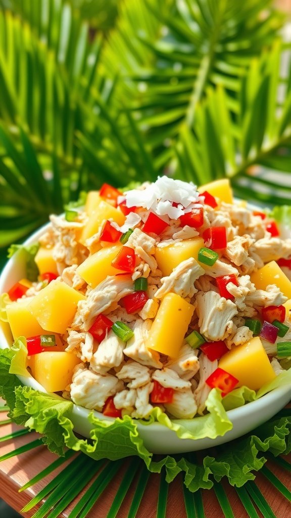 A colorful Hawaiian chicken salad with chicken, pineapple, and vegetables on lettuce.