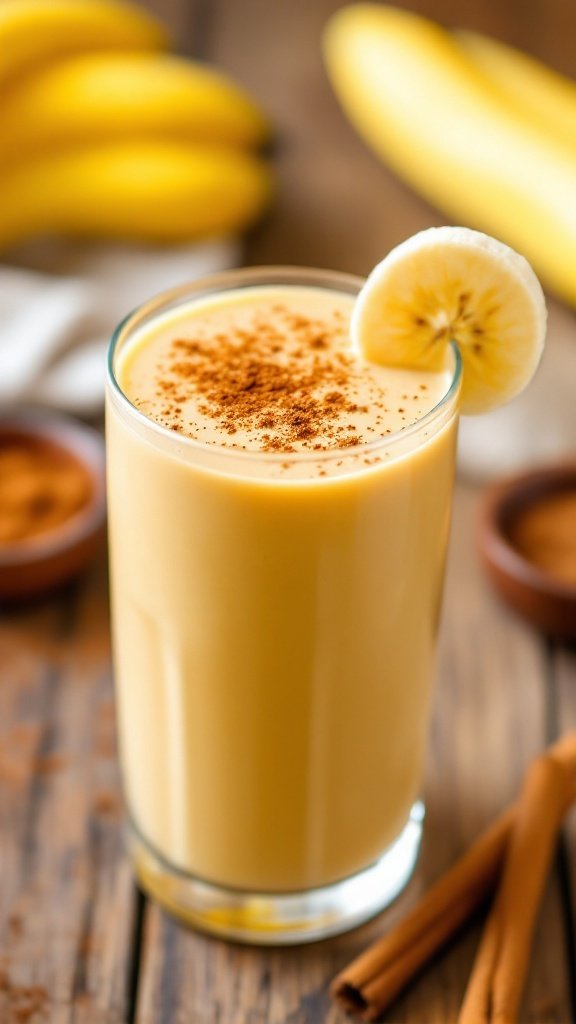 A glass of vanilla cinnamon banana smoothie with banana slice on the rim and cinnamon sprinkle, on a wooden table.