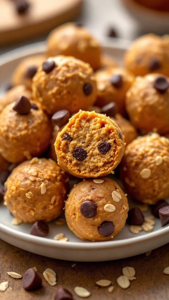 Nutty Peanut Butter Energy Balls Recipe Plate of peanut butter energy balls surrounded by oats and chocolate chips, showcasing a healthy snack.