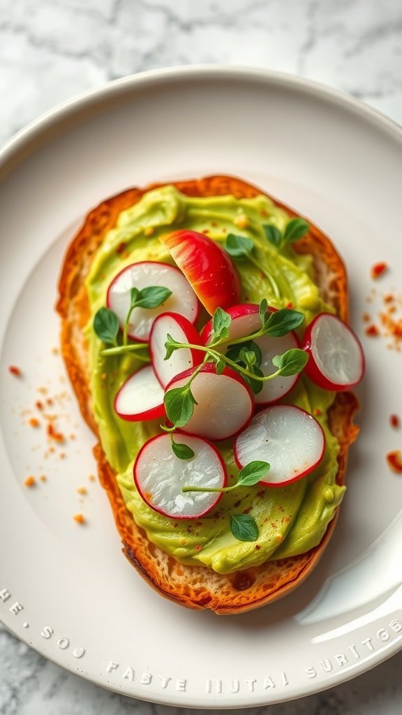 Aesthetic avocado toast topped with radishes and herbs on a plate.