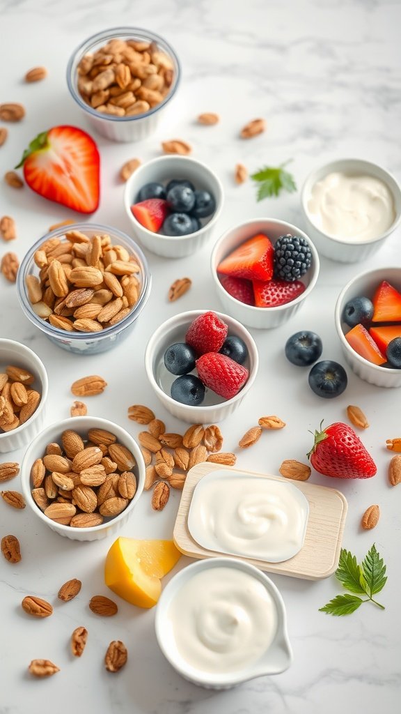 An assortment of healthy snacks including nuts, berries, and yogurt