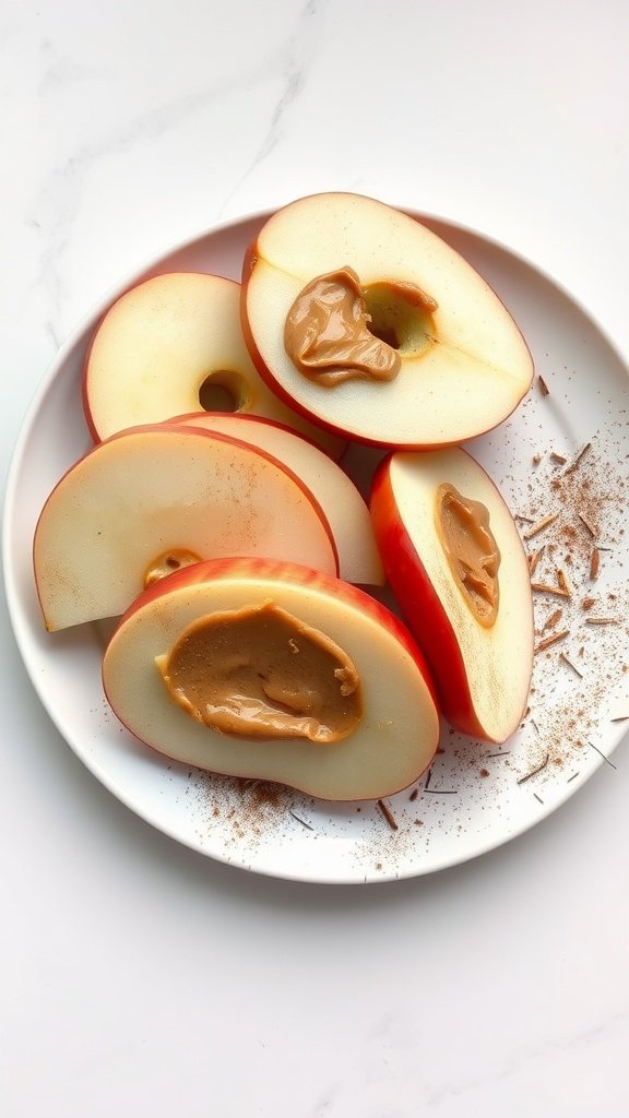 Almond butter spread on apple slices with a sprinkle of cinnamon.