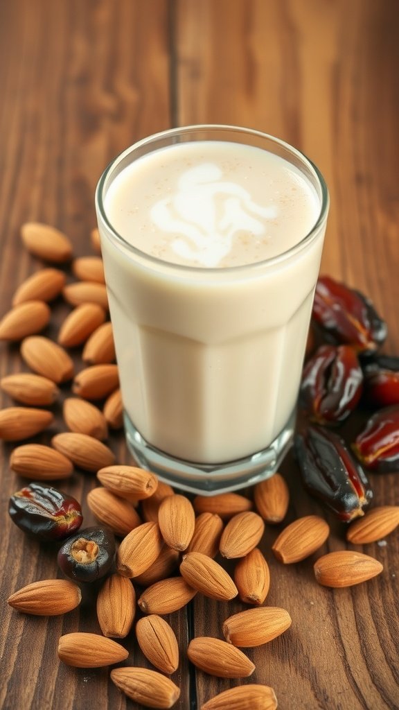 A glass of almond milk smoothie with dates and almonds scattered around.