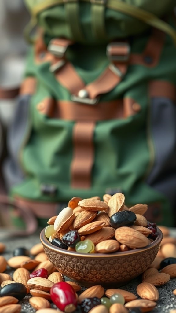 A bowl filled with a mix of almonds and dried fruits, showcasing a healthy snack option.