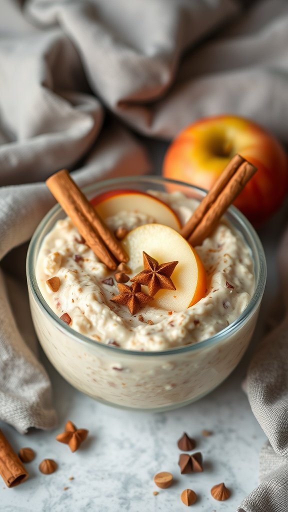 A bowl of apple cinnamon overnight oats with apple slices and cinnamon sticks on top, surrounded by nuts.