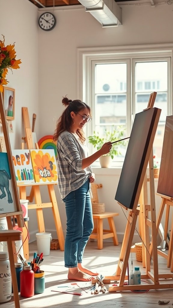A woman painting in an art studio filled with easels and colorful artwork.