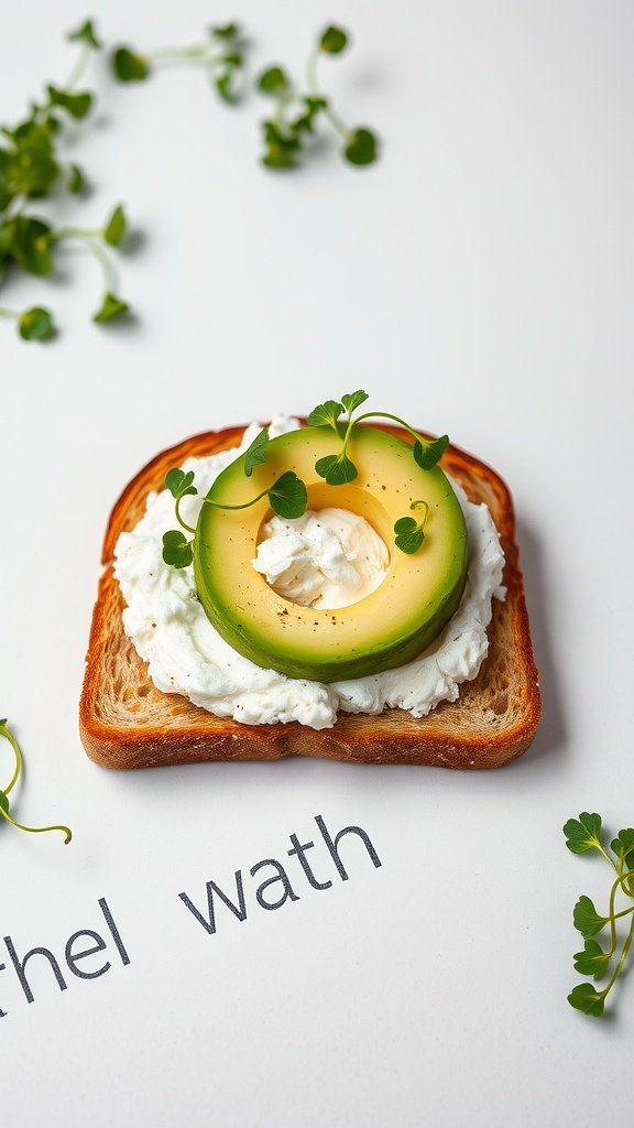 A slice of toast topped with cottage cheese and avocado, garnished with microgreens.