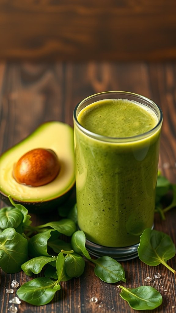 A green avocado and spinach smoothie in a glass with fresh ingredients around.