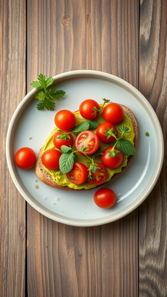 A plate of avocado toast topped with cherry tomatoes and herbs.