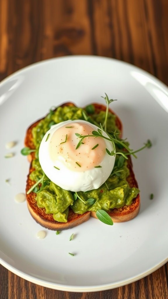 Avocado toast with a poached egg on top, garnished with fresh herbs.