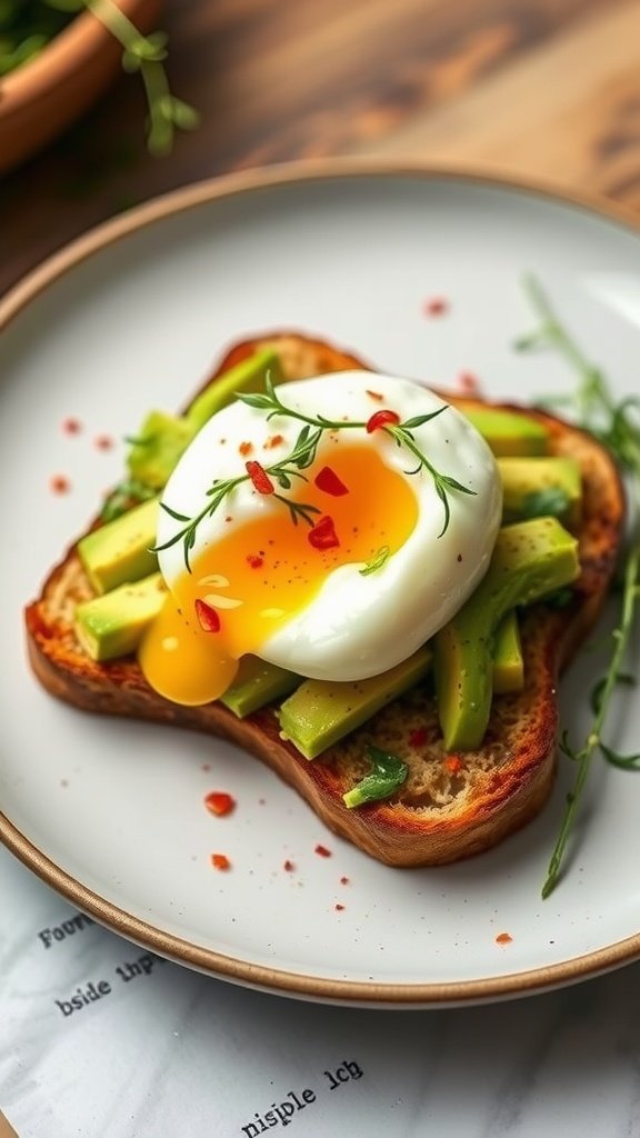 Avocado toast topped with a poached egg and garnished with herbs and red pepper flakes.