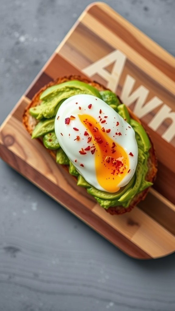 Avocado toast topped with a poached egg and red pepper flakes.