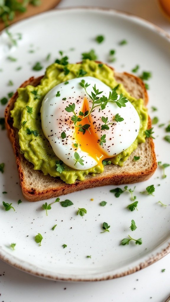 A slice of whole-grain bread topped with mashed avocado, a poached egg, and microgreens.