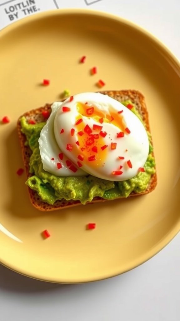 Avocado toast topped with a poached egg and red pepper flakes on a yellow plate.