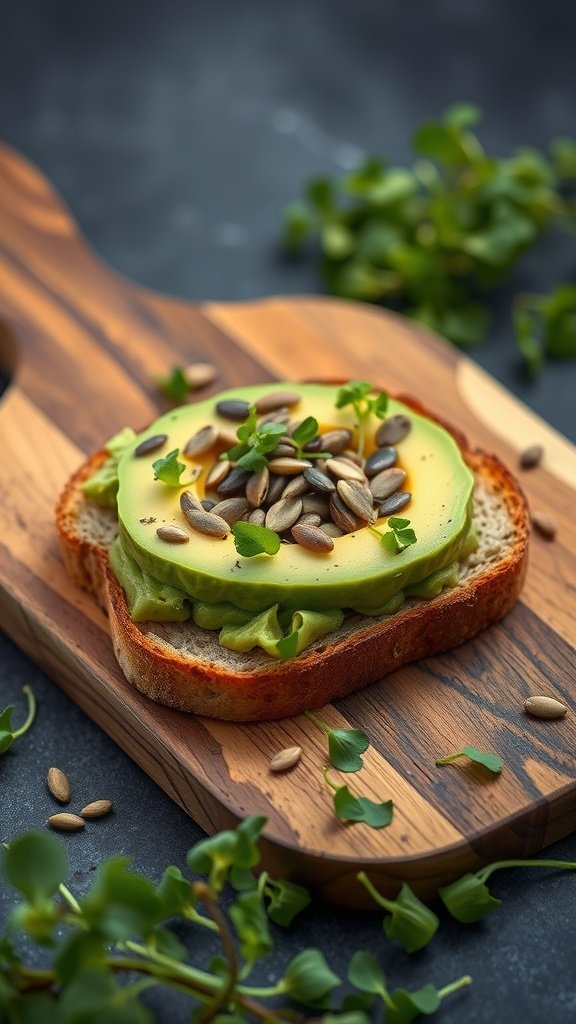 A beautifully prepared avocado toast with sourdough bread, showcasing toppings like sunflower seeds and microgreens.