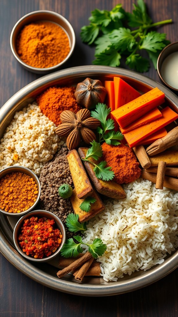 An assortment of spices, vegetables, and rice arranged beautifully, representing an Ayurvedic meal.