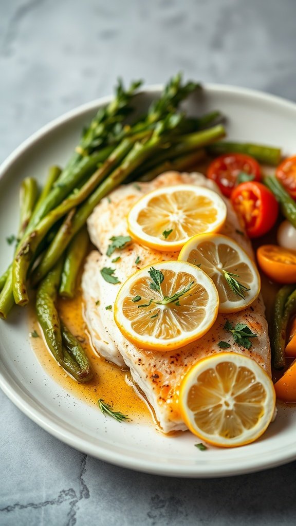 Baked cod with lemon and herbs served with green vegetables.