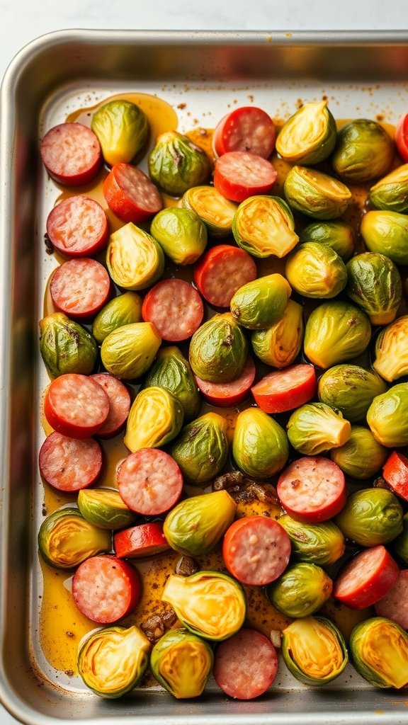 A tray of baked kielbasa and Brussels sprouts, showcasing the vibrant colors and textures of the dish.