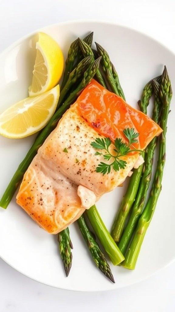 A plate of baked salmon fillet on asparagus with lemon slices