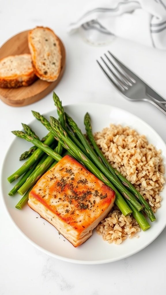 A plate of baked salmon with asparagus and brown rice