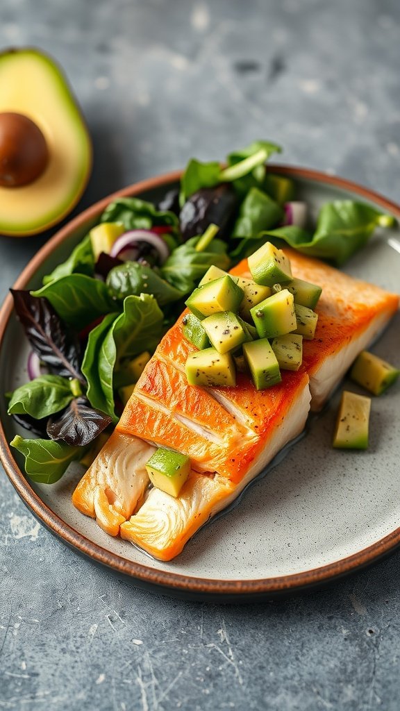 Baked Salmon with diced avocado and green apple salsa on a plate.