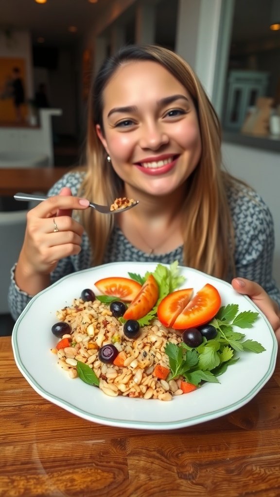 A bowl of colorful grain salad with fresh vegetables and herbs.