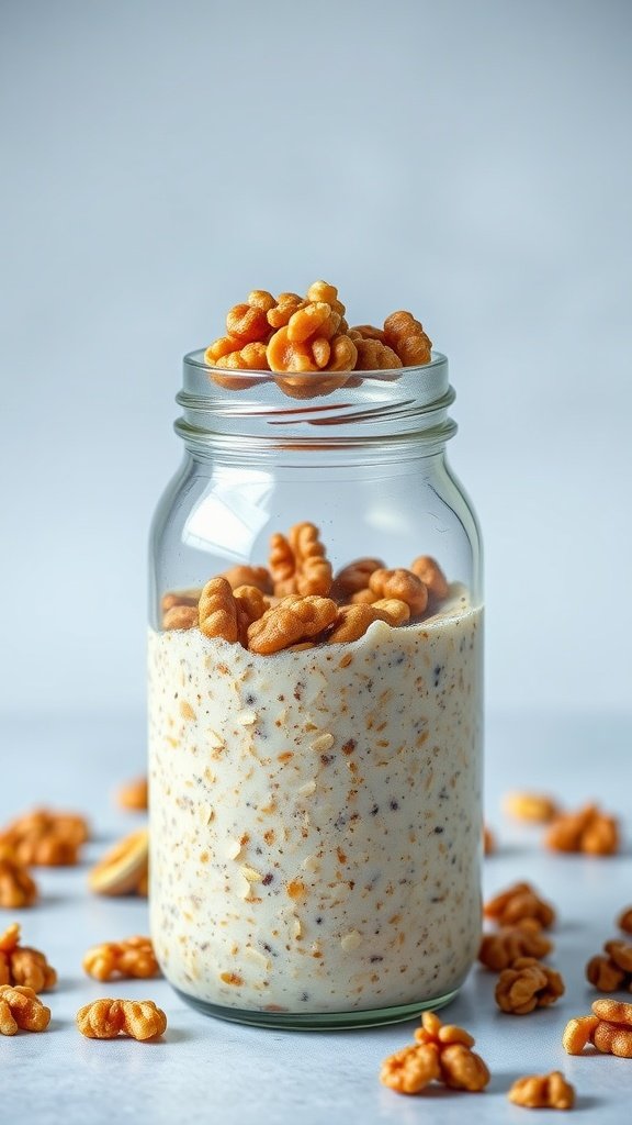 A jar of banana bread overnight oats topped with nuts