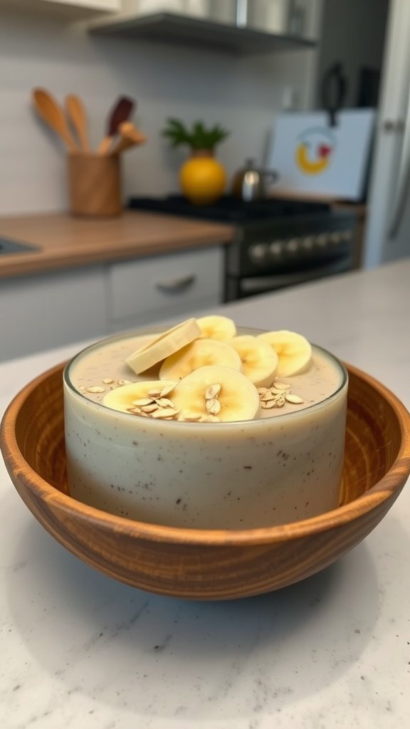 A bowl of banana oatmeal breakfast smoothie topped with banana slices and oats.