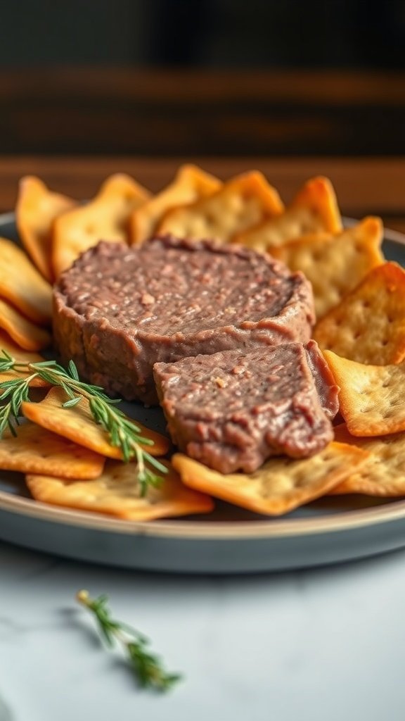 A plate featuring beef liver pâté with crispy pork cracklings.