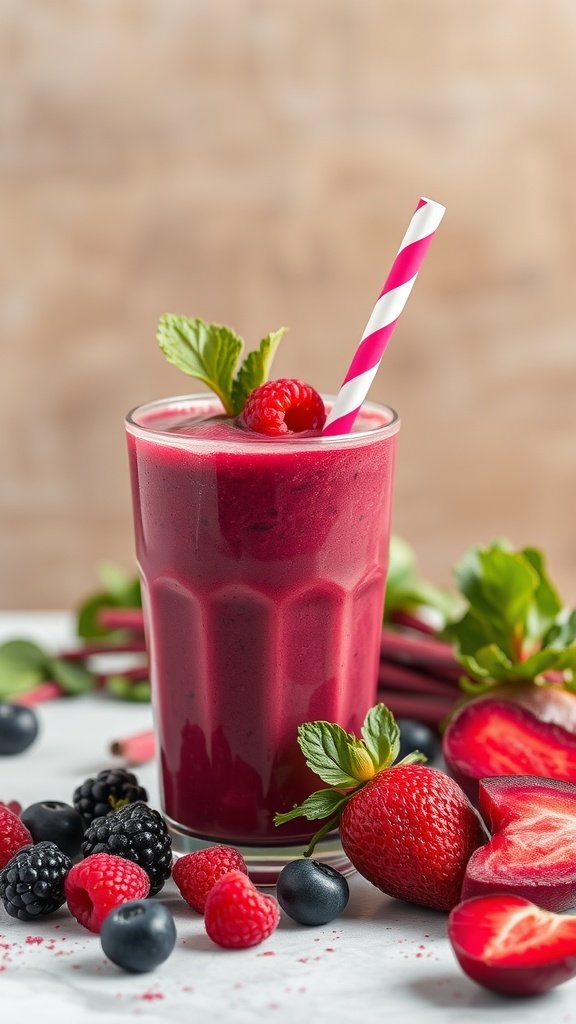 A vibrant beetroot and berry smoothie in a glass with a straw, surrounded by fresh berries.