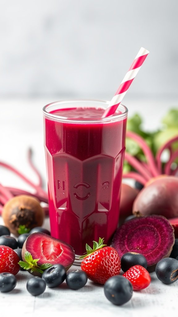 A vibrant beetroot berry smoothie in a glass with a straw, surrounded by fresh berries and beetroot.