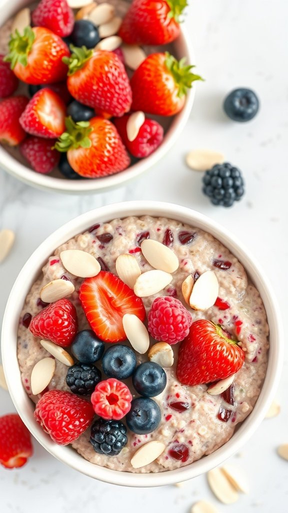 A bowl of overnight oats topped with fresh berries and almonds.