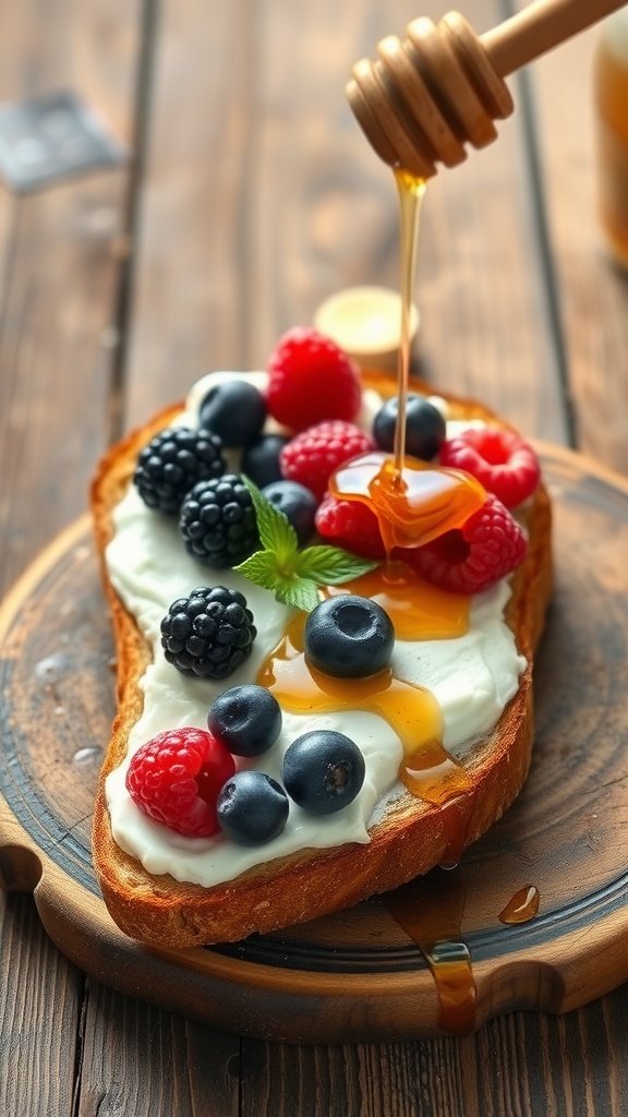 A slice of toast topped with cottage cheese, fresh berries, and honey, displayed on a wooden plate.