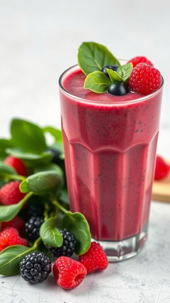 A vibrant berry and spinach smoothie in a glass, with fresh berries and spinach leaves around it.