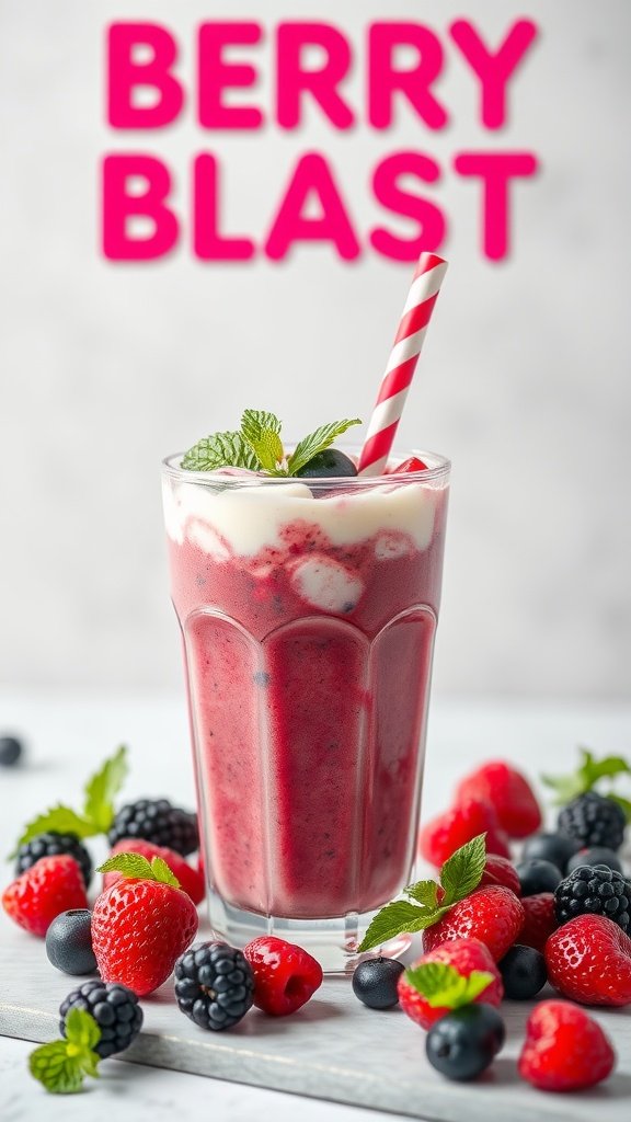 A vibrant Berry Blast Smoothie with a colorful mix of berries and mint.