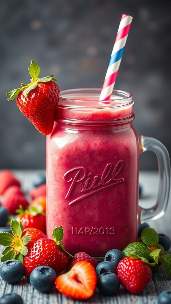 A vibrant berry smoothie in a jar with strawberries and blueberries