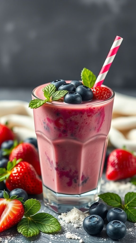 A refreshing berry smoothie with strawberries, blueberries, and mint garnished with a striped straw.