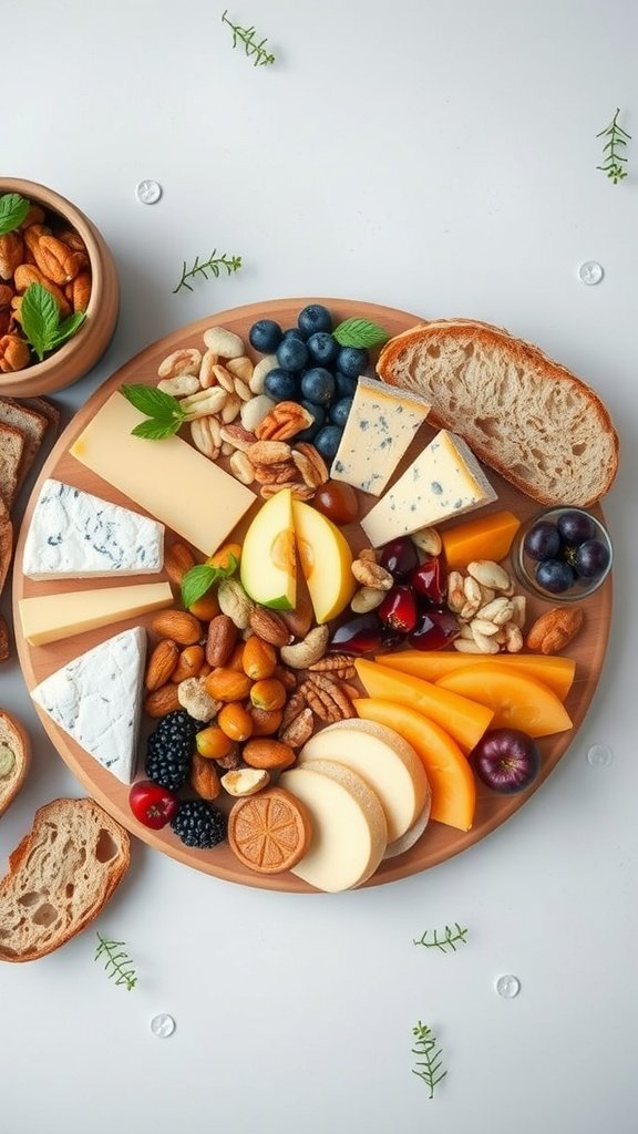 A bohemian style charcuterie board filled with various cheeses, fruits, nuts, and bread.