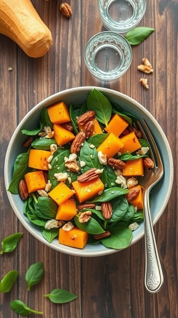 A fresh salad featuring butternut squash, spinach, and pecans.