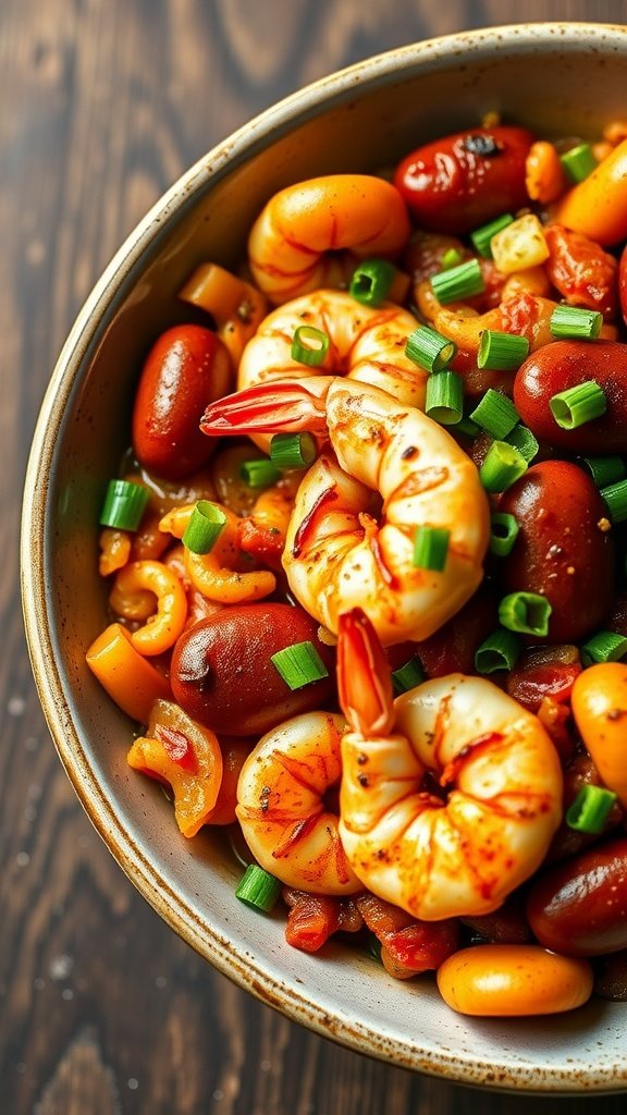 A bowl of Cajun Kiełbasa and Shrimp Jambalaya filled with shrimp, sausage, and colorful vegetables.