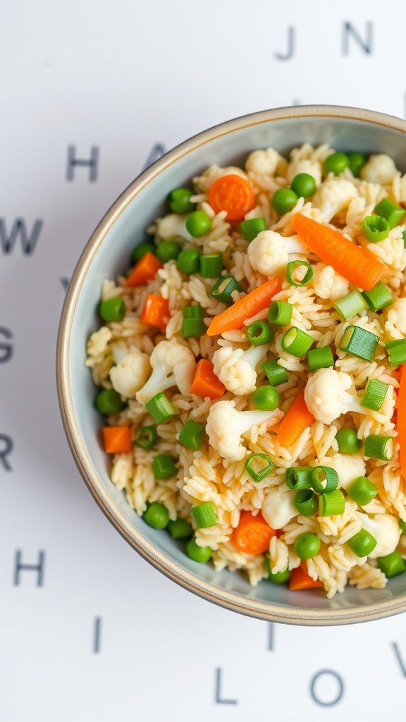 Bowl of colorful cauliflower fried rice with vegetables