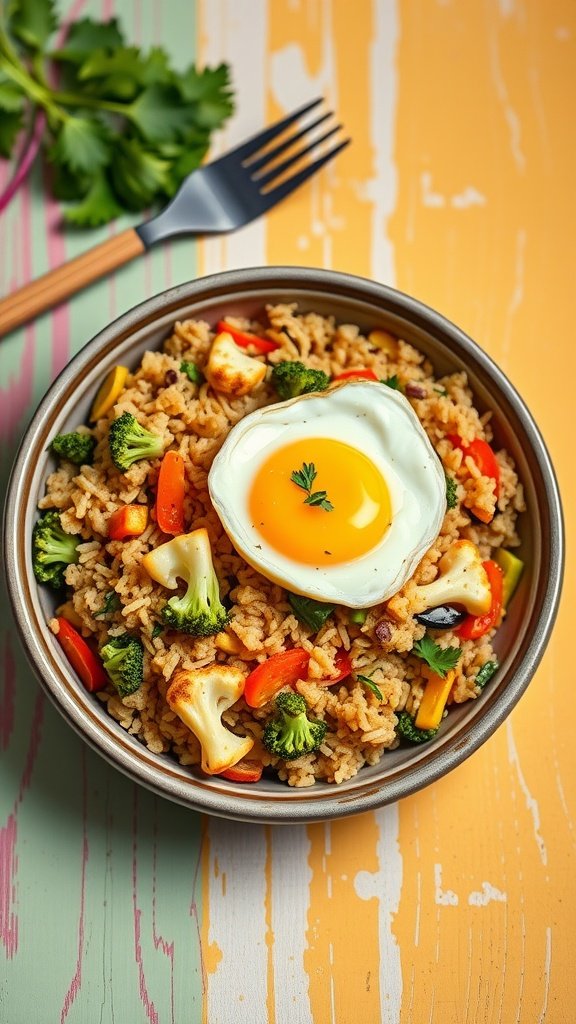 A bowl of cauliflower fried rice topped with a fried egg and colorful vegetables.