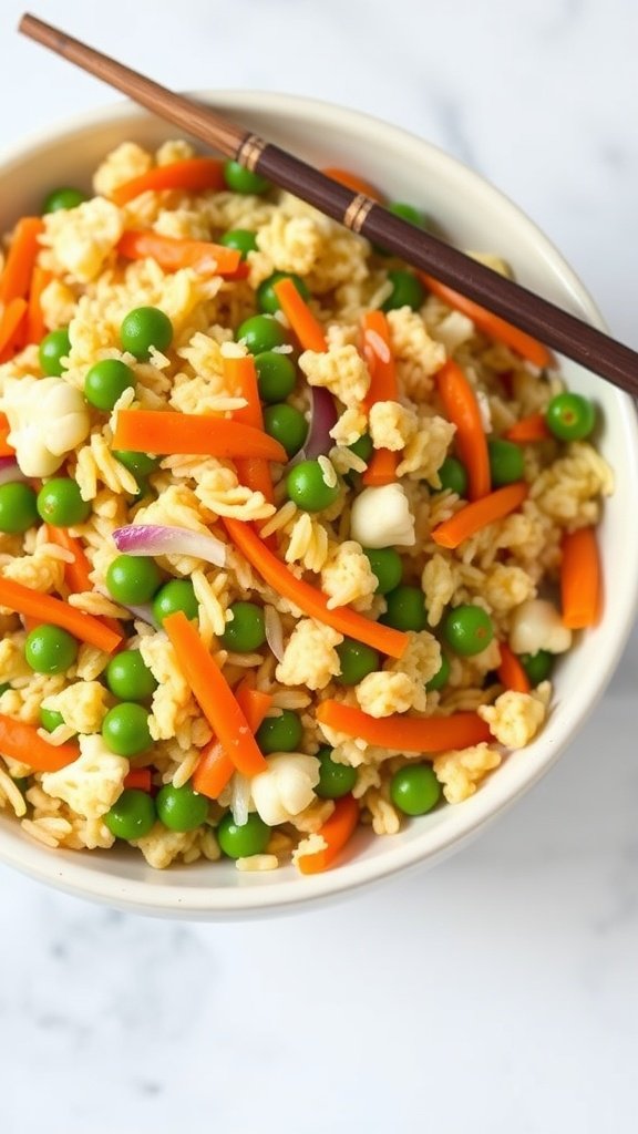 Bowl of cauliflower fried rice with mixed veggies and chopsticks